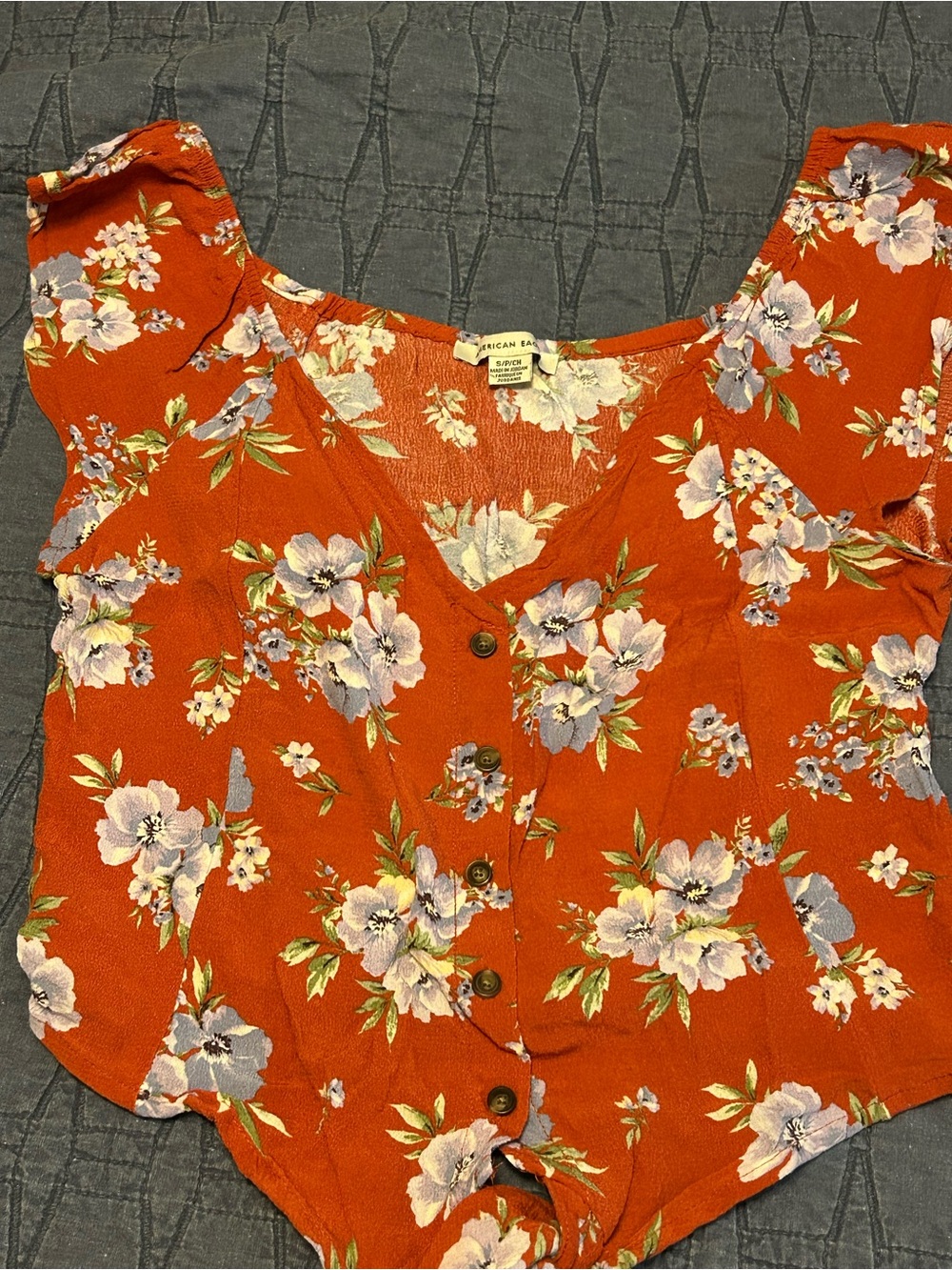 American Eagle Outfitters Rust Orange Floral Button-Front Crop Top